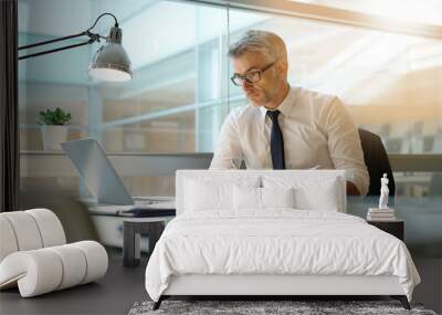 businessman in office working at desk on laptop computer Wall mural