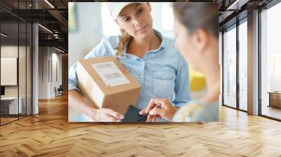 Delivery woman handing package to customer against signature Wall mural