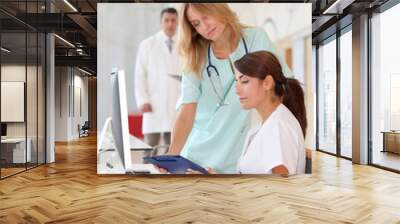 nurse with intern working in front of computer Wall mural