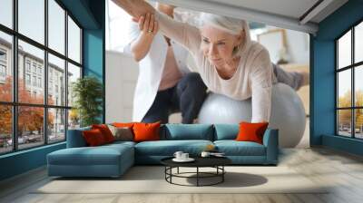 Senior woman exercising with her physiotherapist and swiss ball Wall mural