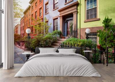 a view of a row of historic brownstones in an iconic neighborhood of Manhattan, New York City Wall mural