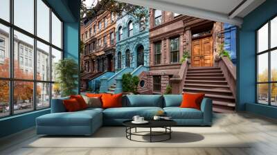 a view of a row of historic brownstones in an iconic neighborhood of Manhattan, New York City Wall mural