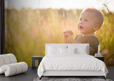 Portrait of a cute toddler boy sitting in a field among the grass at sunset. A child walks in the park. On open air. Happy summer and lifestyle concept. Childhood. Wall mural