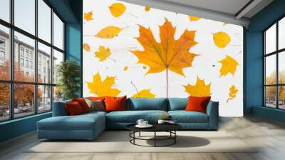 Top view on frame made of yellow autumn leaves (maple and lime) on white wooden background Wall mural