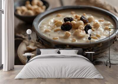 A closeup of creamy payasam, served in an elegant bowl, garnished with raisins and cashews, set against a clean, minimalistic background with soft, ambient lighting Wall mural