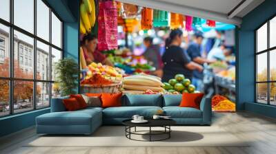 A vibrant Mexican market stall selling fresh tamales, with colorful papel picado decorations and bustling marketgoers in the background Wall mural