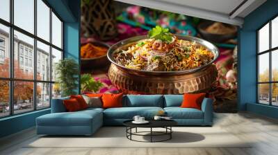 Flavorful Indian lamb biryani served in a copper pot Wall mural