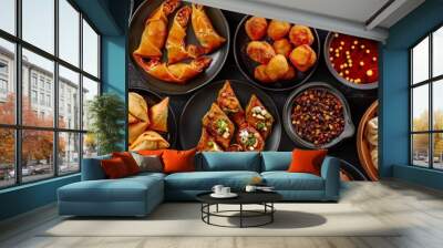 Top view collage of Chinese party platters, featuring assorted appetizers like dumplings, spring rolls, and BBQ meats Wall mural