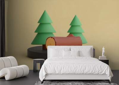 A vibrant 3D illustration of green trees and a log on a circular base, set against a warm beige background. Wall mural