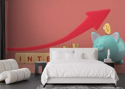 An upward graph with a piggy bank symbolizes growth in interest and savings, emphasizing financial success and investment. Wall mural