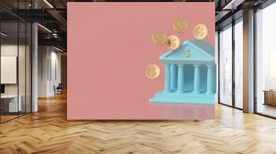 Bank building with coins on a pink background Wall mural