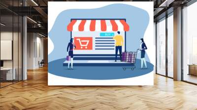 businessman and two businesswomen offer via Online store sales promotion concept discounted sales prices, decreases, shopping. Wall mural