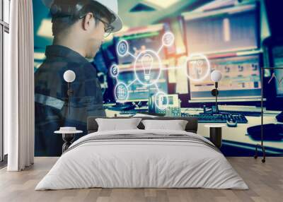 Double exposure of Engineer or Technician man with business industrial tool icons while using tablet with monitor of computers room  for oil and gas industrial business concept Wall mural