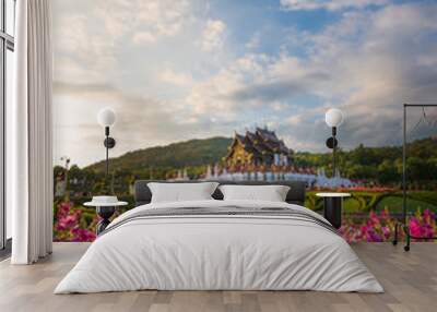 Pink flower gardens with Hor khum luang temple at the pavilion at Royal Park Rajapruek in Chiang Mai, Thailand Wall mural