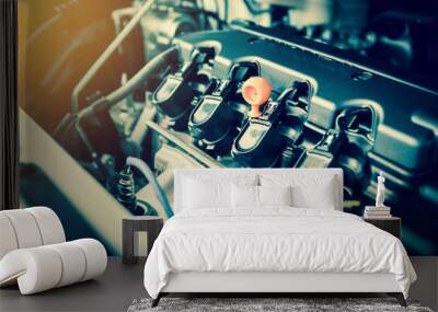 Powerful engine of a car. Internal design of engine with combustion and valve in dark tone Wall mural