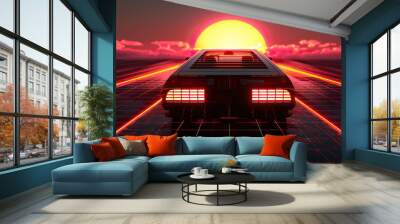 Artistic, aesthetic 90s car on neon laser gridlines driving towards sunset horizon. 3D 80s retro wave, futuristic, clear, simple, beautiful, isolated, futurism, background, template, mirrored floor Wall mural