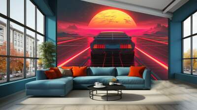 Artistic, aesthetic 90s car on neon laser gridlines driving towards sunset horizon. 3D 80s retro wave, futuristic, clear, simple, beautiful, isolated, futurism, background, template, pink and red Wall mural