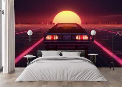 Artistic, aesthetic 90s car on neon laser gridlines driving towards sunset horizon. 3D 80s retro wave, futuristic, clear, simple, beautiful, isolated, futurism, background, template Wall mural