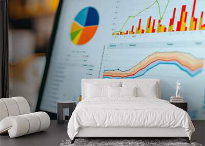 Bar and line charts, data visualization on computer screen of analyst. Light and bright office space. Data analytics and consulting Wall mural