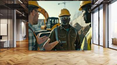 Close-up shot, construction site with excavators on bright sunny day. Diverse team of real estate developers discussing project. Stakeholders working, civil engineer, architect, project manager Wall mural