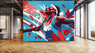 Concept design for the 2024 Olympics in Paris, France. Elite running athlete in a race, crossing the finish line with open arms. Not an actual depiction of the event. Vibrant, red, white, blue Wall mural