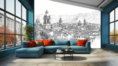 Cusco, Peru, black and white pen pencil hand-drawn effect drawing illustration for travel poster, card, wallpaper, backdrop or banner. Modern, clear, artistic and simple Wall mural