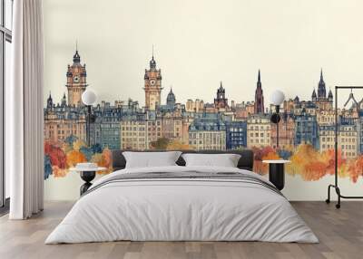 Edinburgh, color pen pencil hand-drawn effect drawing illustration for travel poster, card, wallpaper, backdrop or banner. Modern, clear, artistic and simple Wall mural