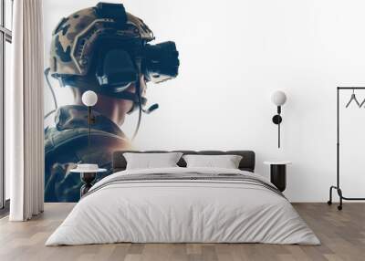 FPV drone pilot soldier with first person view goggles on and wearing military army clothes. Isolated against white background Wall mural