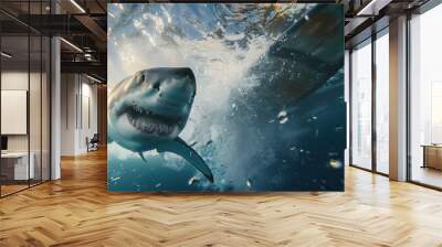 Great white shark swimming by a surfboard in the ocean, concept shot on whether shark attacks globally are increasing Wall mural