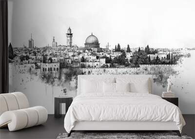 Jerusalem, Israel, black and white pen pencil hand-drawn effect drawing illustration for travel poster, card, wallpaper, backdrop or banner. Modern, clear, artistic and simple Wall mural