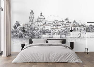 Len, Mexico, black and white pen pencil hand-drawn effect drawing illustration for travel poster, card, wallpaper, backdrop or banner. Modern, clear, artistic and simple Wall mural