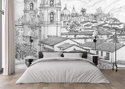 Loja, Ecuador, black and white pen pencil hand-drawn effect portrait drawing illustration for travel poster, card, wallpaper, backdrop or banner. Modern, clear, artistic and simple Wall mural