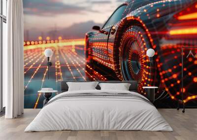 Modern aesthetic, low, back wheel, side on view from behind, car on neon laser gridlines driving towards horizon. 3D 80s retro wave, futuristic, clear, beautiful, isolated, futurism, copy space Wall mural