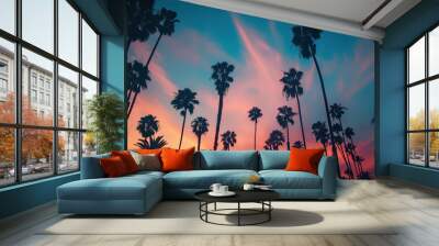 Modern city street with palm trees, malibu sunset sky, blue, orange and pink, natural light, shadow play, background, texture, wallpaper Wall mural