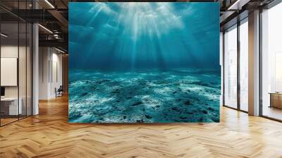 Ocean underwater scene with crepuscular rays, god rays, penetrating the surface of the water and light filtering down into the blue, nature background, texture, template Wall mural