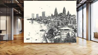 Phnom Penh, Cambodia, black and white pen pencil hand-drawn effect portrait drawing illustration for travel poster, card, wallpaper, backdrop or banner. Modern, clear, artistic and simple Wall mural