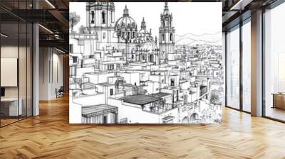 Quertaro, Mexico, black and white pen pencil hand-drawn effect portrait drawing illustration for travel poster, card, wallpaper, backdrop or banner. Modern, clear, artistic and simple Wall mural