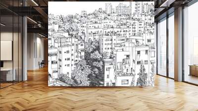 Ramallah, West Bank, black and white pen pencil hand-drawn effect portrait drawing illustration for travel poster, card, wallpaper, backdrop or banner. Modern, clear, artistic and simple Wall mural