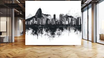 Rio de Janeiro, Brazil, black and white pen pencil hand-drawn effect drawing illustration for travel poster, card, wallpaper, backdrop or banner. Modern, clear, artistic and simple Wall mural