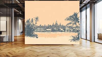 Risograph halftone riso print travel poster, card, wallpaper or banner illustration, modern, isolated, clear, simple of Pyay, Myanmar. Artistic, screen printing, stencil Wall mural