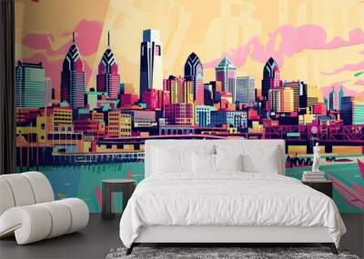 Risograph print travel poster illustration of Philadelphia, modern, isolated, clear and simple. Artistic, stylistic, screen printing, stencil, stencilled, digital duplication. Banner, wallpaper Wall mural