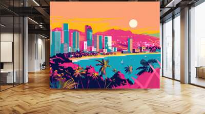 Risograph print travel poster illustration of Santa Clara, Panama, modern, isolated, clear, simple. Artistic, stylistic, screen printing, stencil, stencilled, digital duplication. Banner, wallpaper Wall mural