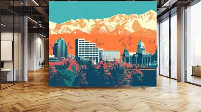 Risograph riso print travel poster, card, wallpaper or banner illustration, modern, isolated, clear, simple of Boise, Idaho, USA. Artistic, screen printing, stencil Wall mural