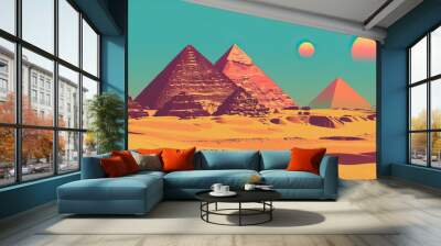 Risograph riso print travel poster, card, wallpaper or banner illustration, modern, isolated, clear and simple of Giza, Egypt. Artistic, screen printing, stencil digital duplication Wall mural