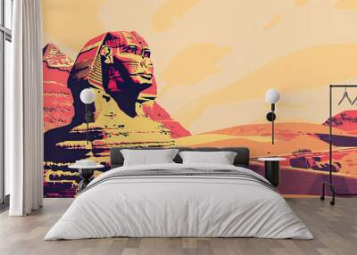 Risograph riso print travel poster, card, wallpaper or banner illustration, modern, isolated, clear and simple of Great Sphinx of Giza, Giza, Egypt. Artistic, screen printing, stencil digital duplicat Wall mural