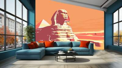 Risograph riso print travel poster, card, wallpaper or banner illustration, modern, isolated, clear and simple of Great Sphinx of Giza, Giza, Egypt. Artistic, screen printing, stencil digital duplicat Wall mural