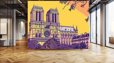 Risograph riso print travel poster, card, wallpaper or banner illustration, modern, isolated, clear and simple of Notre-Dame Cathedral, Paris, France. Artistic, screen printing, stencil digital duplic Wall mural