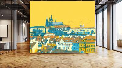 Risograph riso print travel poster, card, wallpaper or banner illustration, modern, isolated, clear and simple of Prague Castle, Prague, Czech Republic. Artistic, screen printing, stencil backdrop bac Wall mural