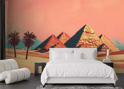 Risograph riso print travel poster, card, wallpaper or banner illustration, modern, isolated, clear and simple of Pyramids of Giza, Giza, Egypt. Artistic, screen printing, stencil digital duplication Wall mural