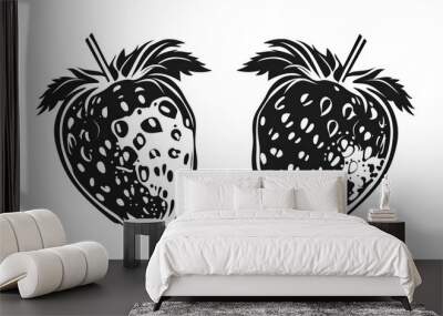 Simple, clear and beautiful arts and crafts artisanal stencil print style illustration, strawberries isolated white background. Stencilled graphic design, modern, minimalist, black and white Wall mural